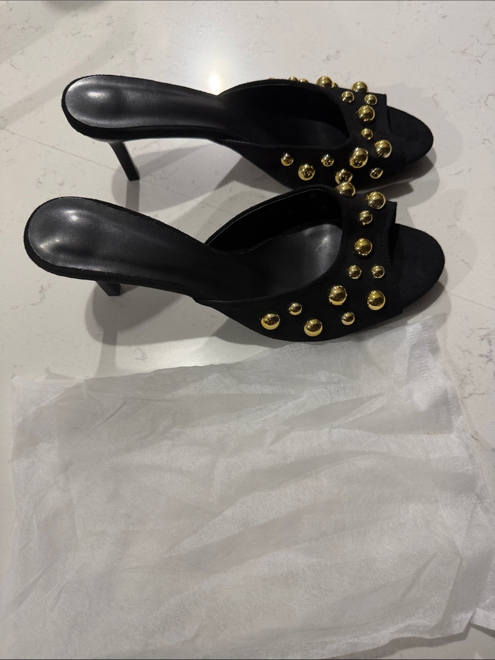 Black Suede Slide Sandals with Gold Studs